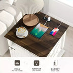 Table de chevet de 61 cm avec station de charge, table d'appoint de style rustique avec 2 tiroirs et étagère réglable, table de chevet avec pieds en bois massif