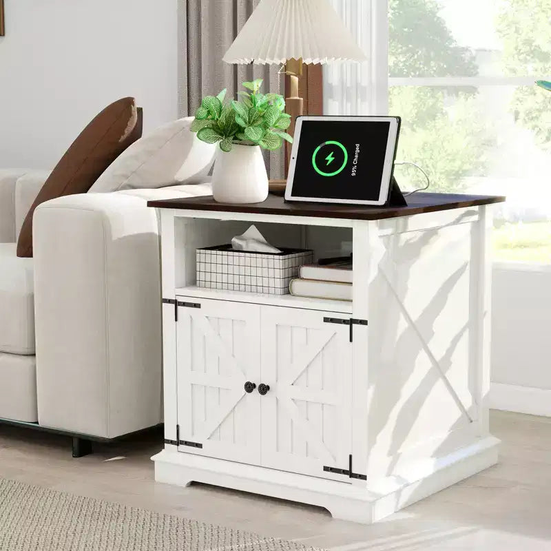 24 Inch Nightstand with Charging Station, Farmhouse End Table with 2 Drawers & Adjustable Shelf, Solid Wood Legs Bedside Table