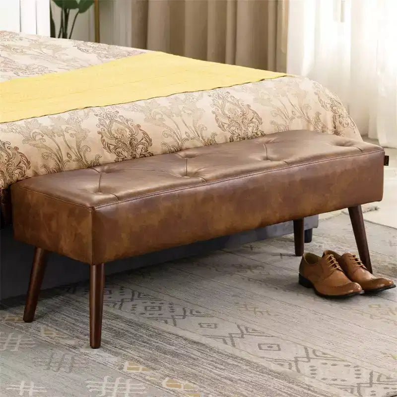 44 Inch Bedroom Ottoman Bench, Faux Leather Upholstered with Wooden Legs for Living Room/Bedroom/Entryway