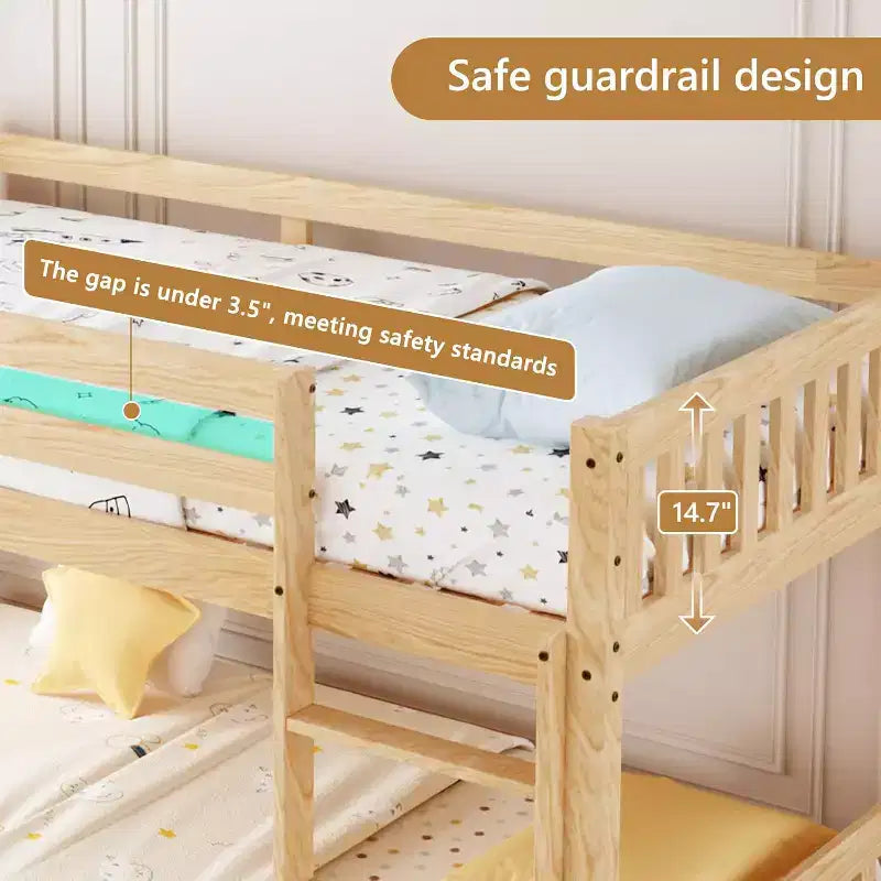 Low Twin Over Twin Bunk Bed for Kids, Wood Bunk Bed Frame with Guardrails & Ladder, Mattress Not Included