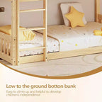 Lit superposé jumeau sur jumeau bas pour enfants, cadre de lit superposé en bois avec barrières de sécurité et échelle, matelas non inclus