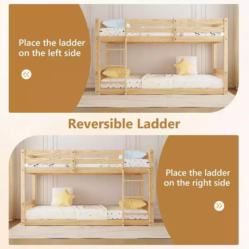 Low Twin Over Twin Bunk Bed for Kids, Wood Bunk Bed Frame with Guardrails & Ladder, Mattress Not Included