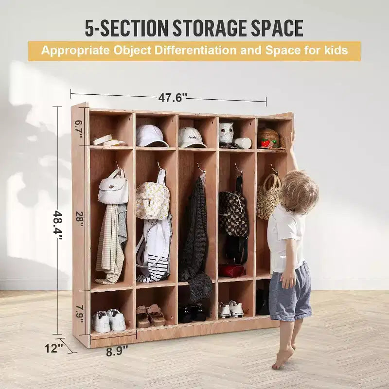 5-Section Kids Storage Locker with Coat Hooks and Cubbies
