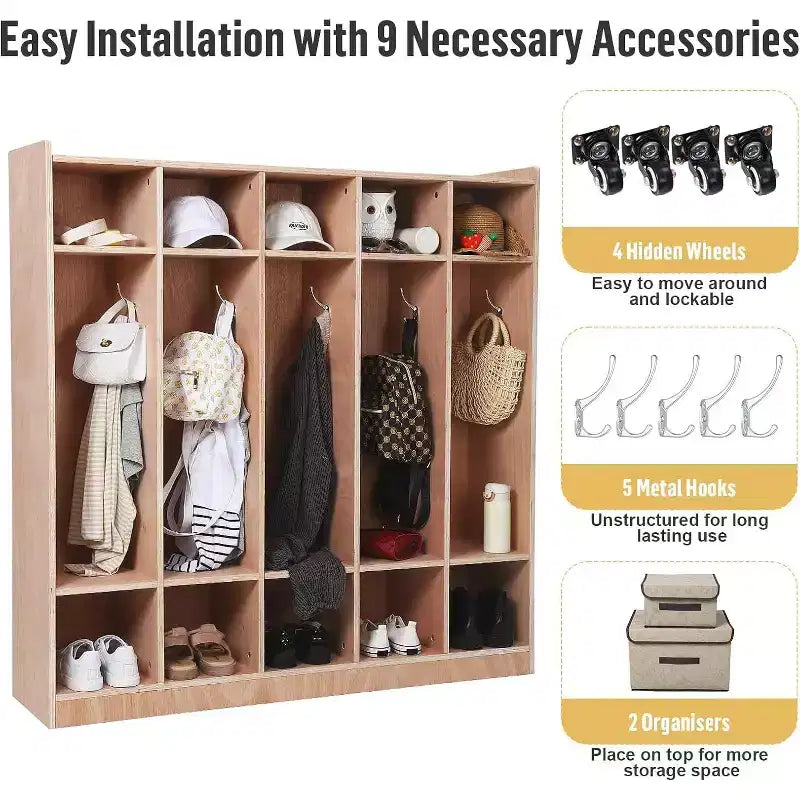 5-Section Kids Storage Locker with Coat Hooks and Cubbies