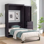 Lit mural pliant avec armoire et 3 tiroirs, cadre de lit escamotable peu encombrant pour chambre d'amis et bureau à domicile, gris