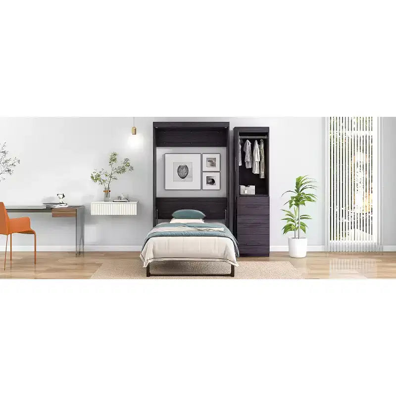 Foldable Wall Bed with Wardrobe and 3 Drawers, Space-Saving Fold-Away Bed Frame for Guest Room Home Office, Gray