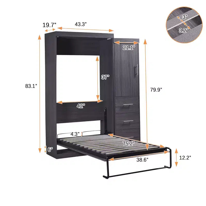 Foldable Wall Bed with Wardrobe and 3 Drawers, Space-Saving Fold-Away Bed Frame for Guest Room Home Office, Gray