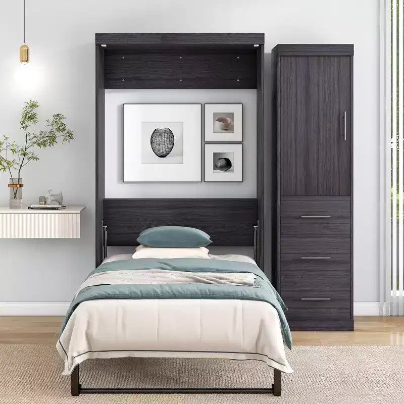 Foldable Wall Bed with Wardrobe and 3 Drawers, Space-Saving Fold-Away Bed Frame for Guest Room Home Office, Gray