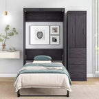 Lit mural pliant avec armoire et 3 tiroirs, cadre de lit escamotable peu encombrant pour chambre d'amis et bureau à domicile, gris