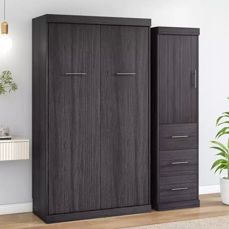 Foldable Wall Bed with Wardrobe and 3 Drawers, Space-Saving Fold-Away Bed Frame for Guest Room Home Office, Gray