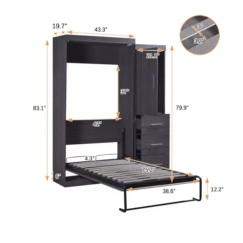 Foldable Wall Bed with Wardrobe and 3 Drawers, Space-Saving Fold-Away Bed Frame for Guest Room Home Office, Gray