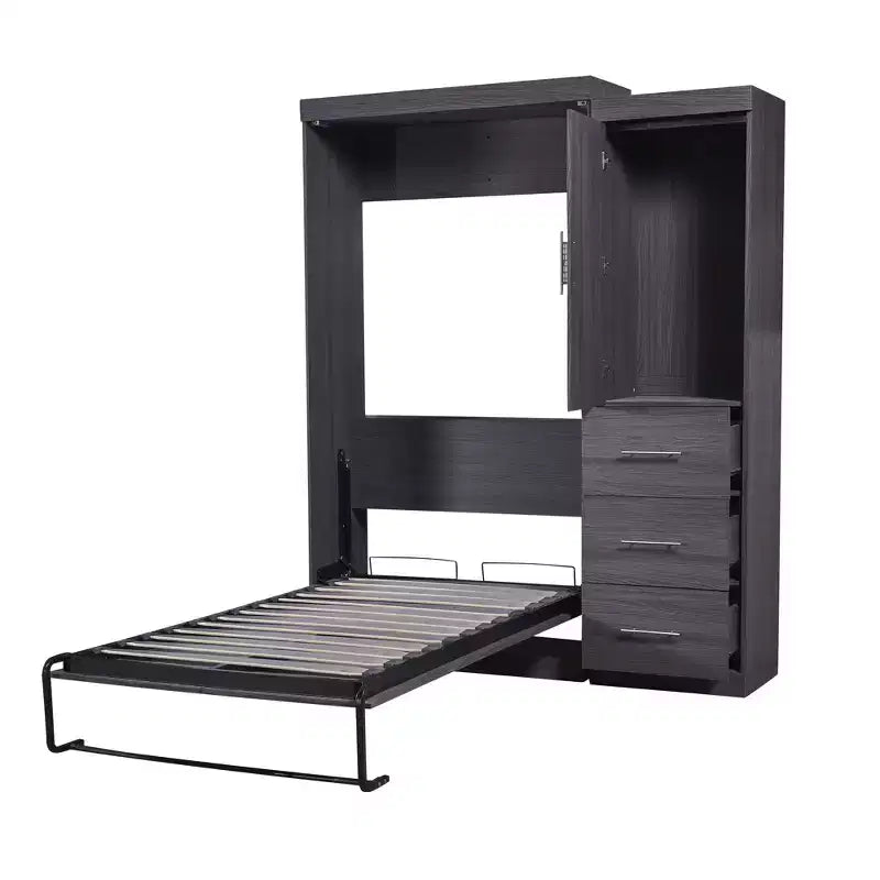 Foldable Wall Bed with Wardrobe and 3 Drawers, Space-Saving Fold-Away Bed Frame for Guest Room Home Office, Gray