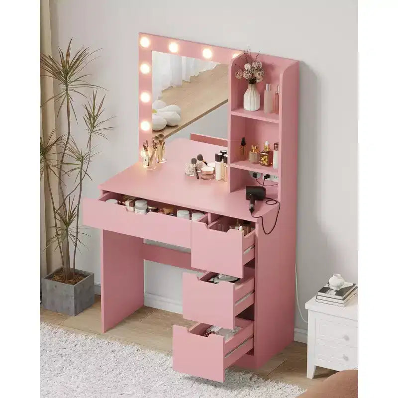 Vanity Desk with Mirror and LED Lights, Makeup Table with Drawers and Charging Station for Bedroom