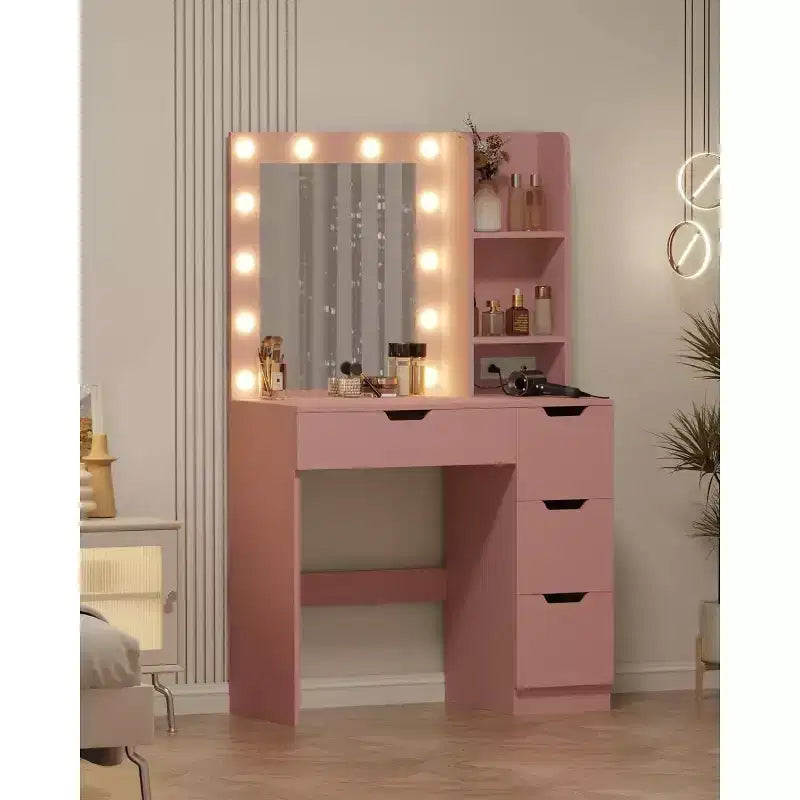 Vanity Desk with Mirror and LED Lights, Makeup Table with Drawers and Charging Station for Bedroom