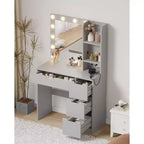 Coiffeuse avec miroir et lumières LED, Table de maquillage avec tiroirs et station de charge pour chambre à coucher