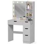 COZONY Vanity Desk with Mirror and LED Lights, Makeup Table with Drawers and Charging Station for Bedroom