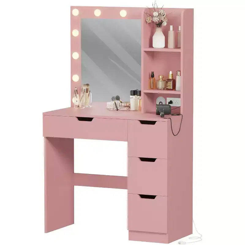 Vanity Desk with Mirror and LED Lights, Makeup Table with Drawers and Charging Station for Bedroom