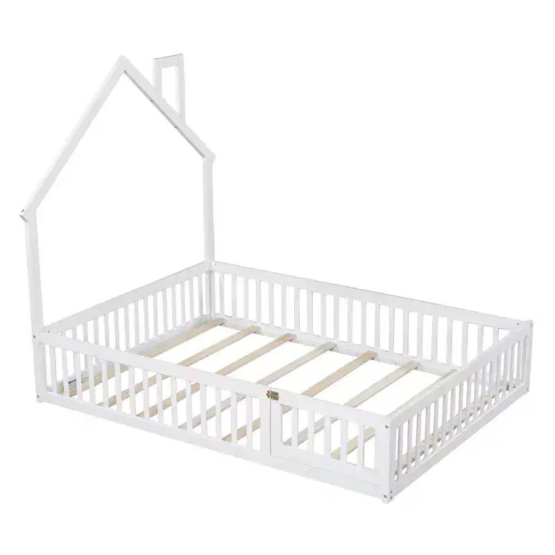 Full Size House Platform Bed with Guardrail for Kids