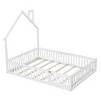 Lit plate-forme en forme de maison pleine grandeur avec barrière de sécurité pour enfants