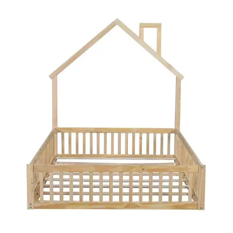 Full Size House Platform Bed with Guardrail for Kids