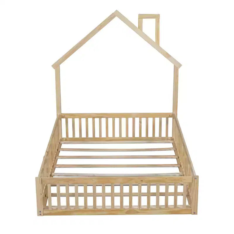 Full Size House Platform Bed with Guardrail for Kids