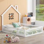 Lit plate-forme en forme de maison pleine grandeur avec barrière de sécurité pour enfants
