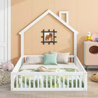 Lit plate-forme en forme de maison pleine grandeur avec barrière de sécurité pour enfants