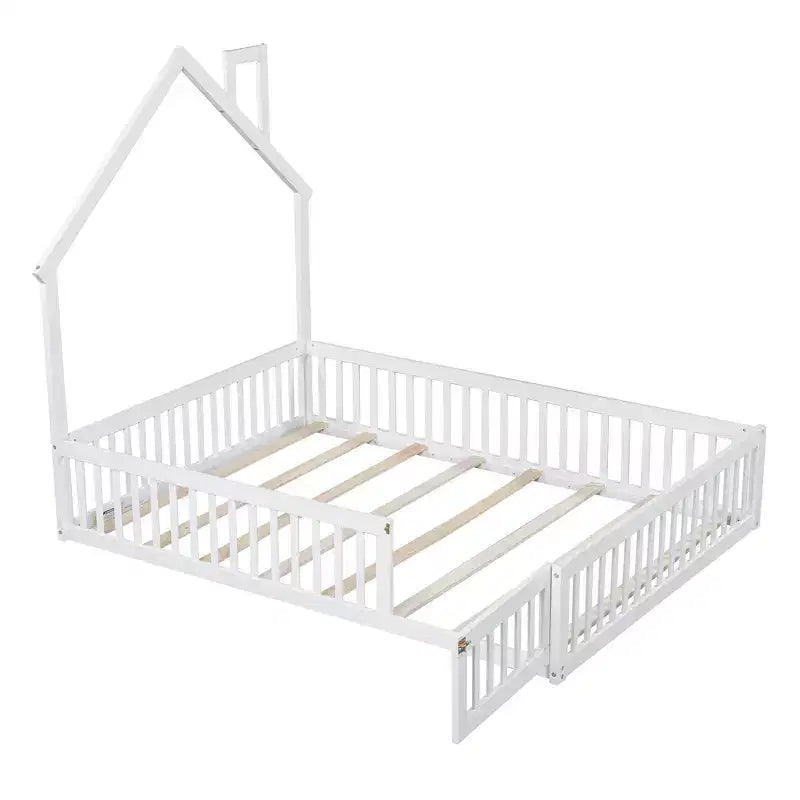 Full Size House Platform Bed with Guardrail for Kids