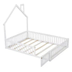 Lit plate-forme en forme de maison pleine grandeur avec barrière de sécurité pour enfants