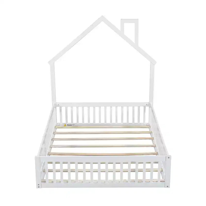Full Size House Platform Bed with Guardrail for Kids