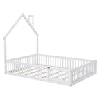 Lit plate-forme en forme de maison pleine grandeur avec barrière de sécurité pour enfants