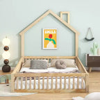 Lit plate-forme en forme de maison pleine grandeur avec barrière de sécurité pour enfants