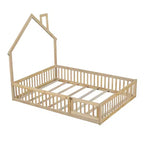 Lit plate-forme en forme de maison pleine grandeur avec barrière de sécurité pour enfants