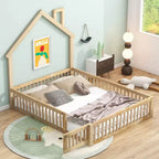 Wood Full Size House Platform Bed with Guardrail, Solid Wood Floor Bed Frame with House-Shaped Headboard for Kids