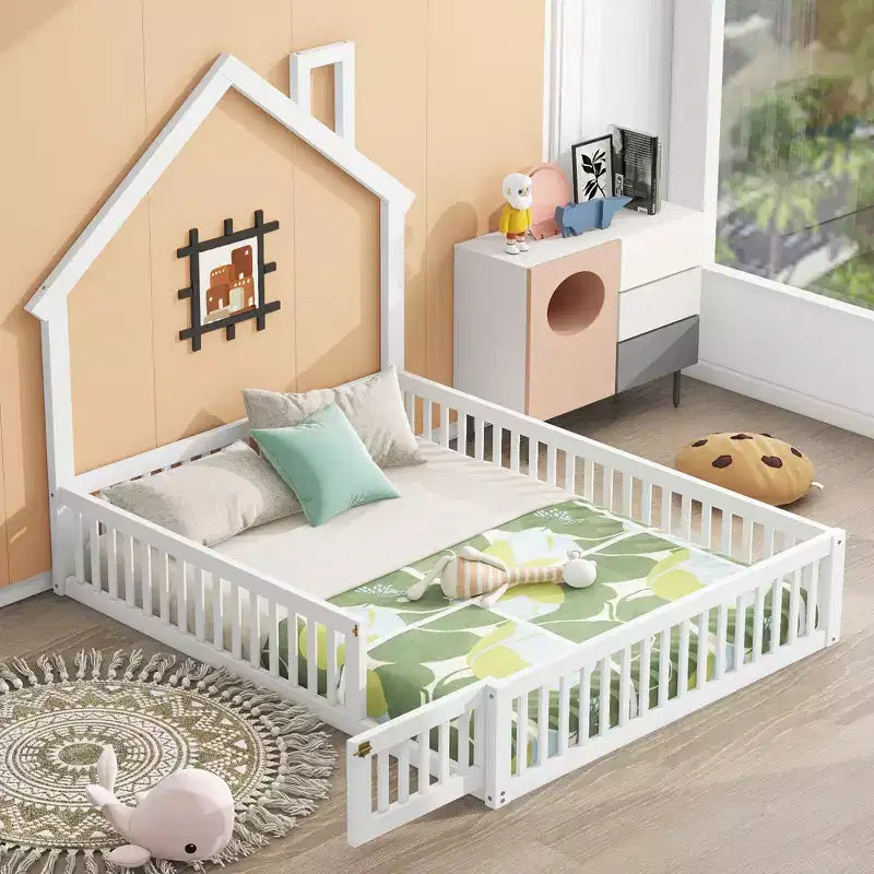Full Size House Platform Bed with Guardrail for Kids