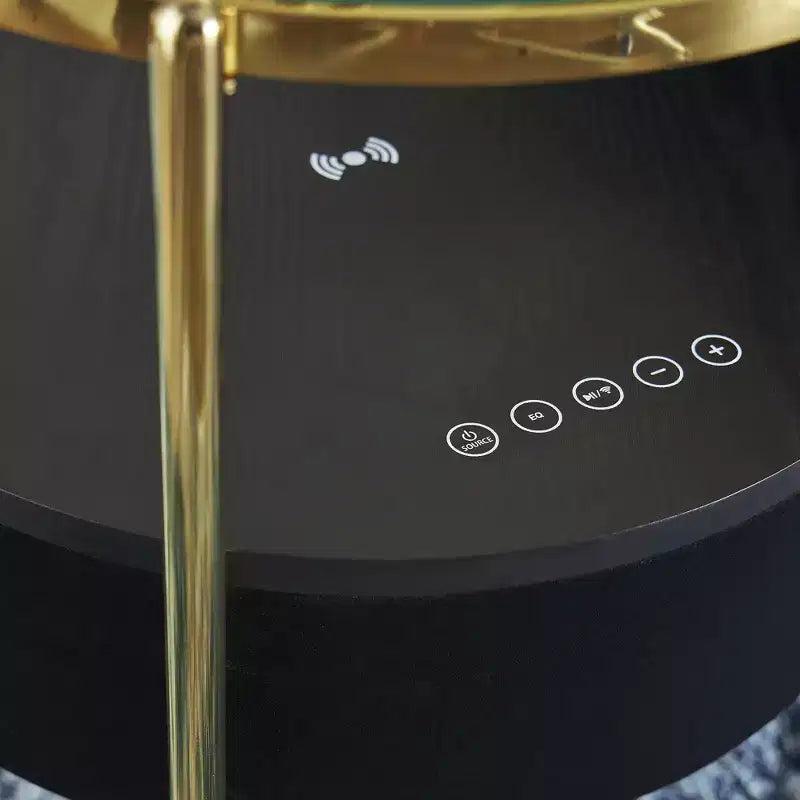 Round Glass Top Side Table with Built-in Bluetooth Speaker and Wireless Charging