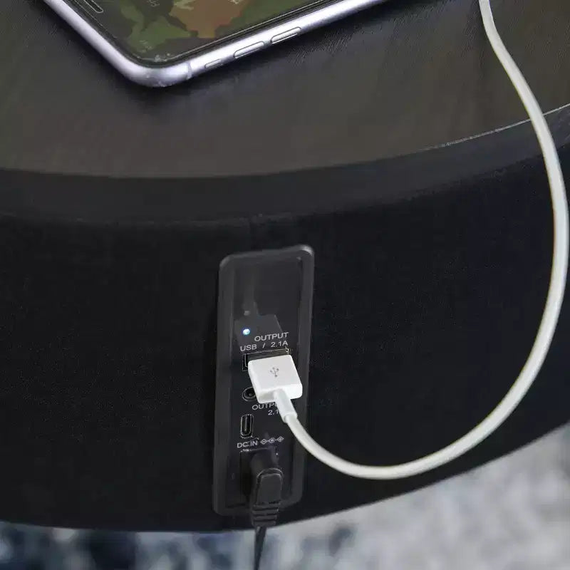Round Glass Top Side Table with Built-in Bluetooth Speaker and Wireless Charging