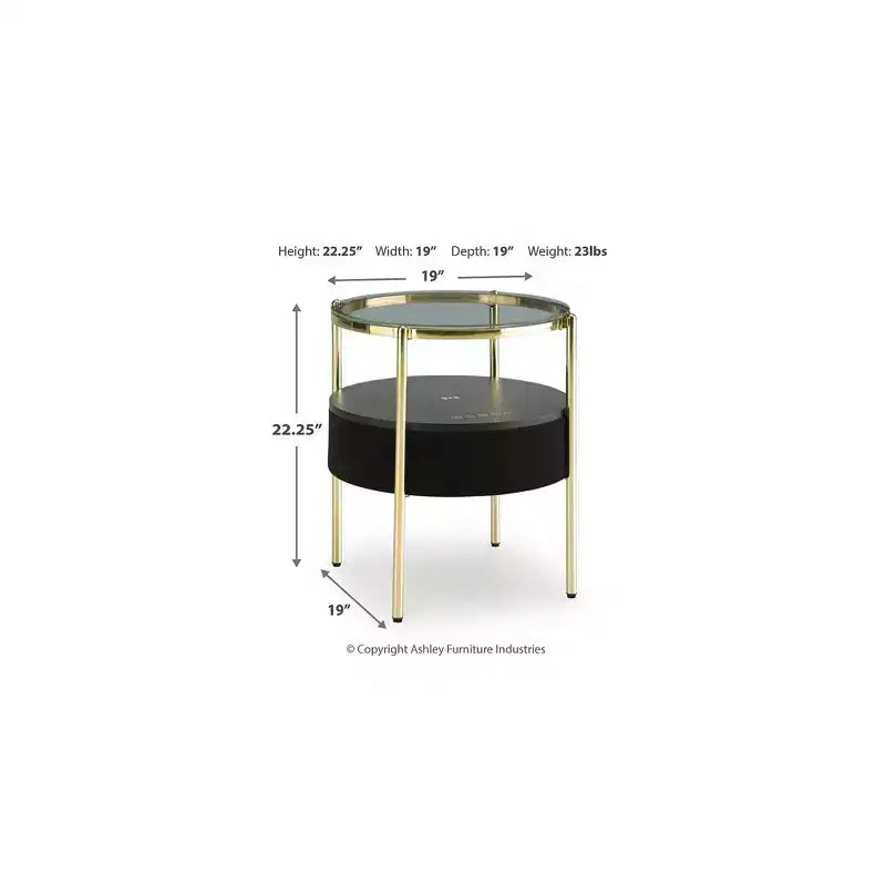 Round Glass Top Side Table with Built-in Bluetooth Speaker and Wireless Charging