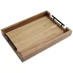 17 Acacia Serving Tray C Wooden Tray with Metal Handles (Brown, for Coffee Table/Bar/Kitchen/Bathroom)