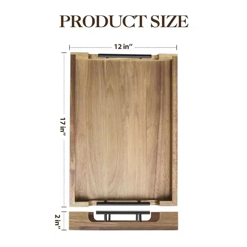 17-Inch Acacia Wood Serving Tray with Metal Handles - Brown