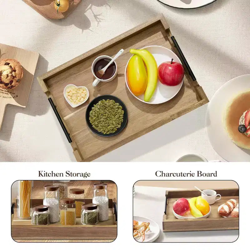 17-Inch Acacia Wood Serving Tray with Metal Handles - Brown