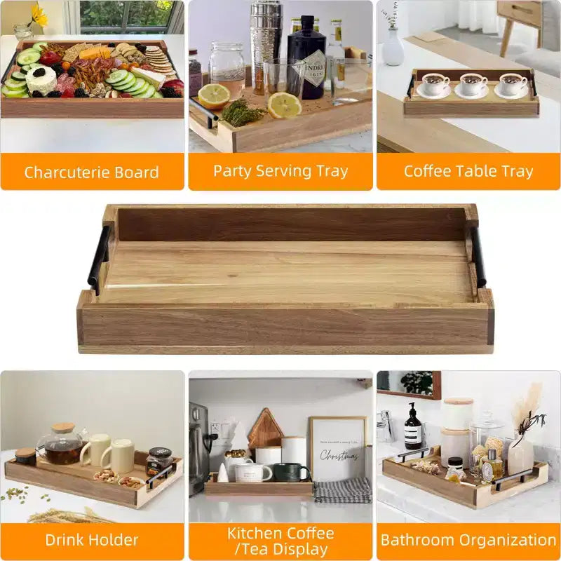 17-Inch Acacia Wood Serving Tray with Metal Handles - Brown