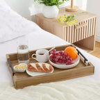 Grand plateau de service en bois d'acacia de 43 cm avec poignées en métal - Marron