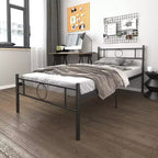 Cadre de lit simple en métal avec tête et pied de lit - Espace de rangement sous le lit, pas besoin de sommier, noir