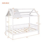 Lit cabane en bois massif de taille double avec toit et clôture, lit plateforme pour chambre d'enfant