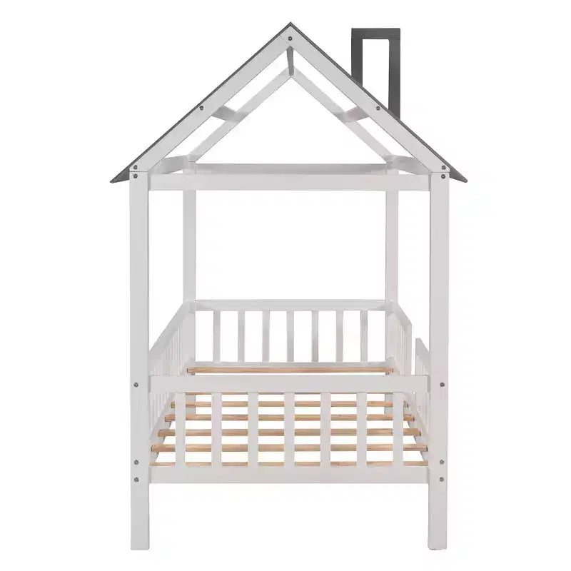 Twin Size Solid Wood House Bed Frame with Roof and Fence, Platform Bed for Kids Room