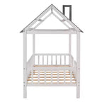 Lit cabane en bois massif de taille double avec toit et clôture, lit plateforme pour chambre d'enfant