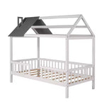 Lit cabane en bois massif de taille double avec toit et clôture, lit plateforme pour chambre d'enfant
