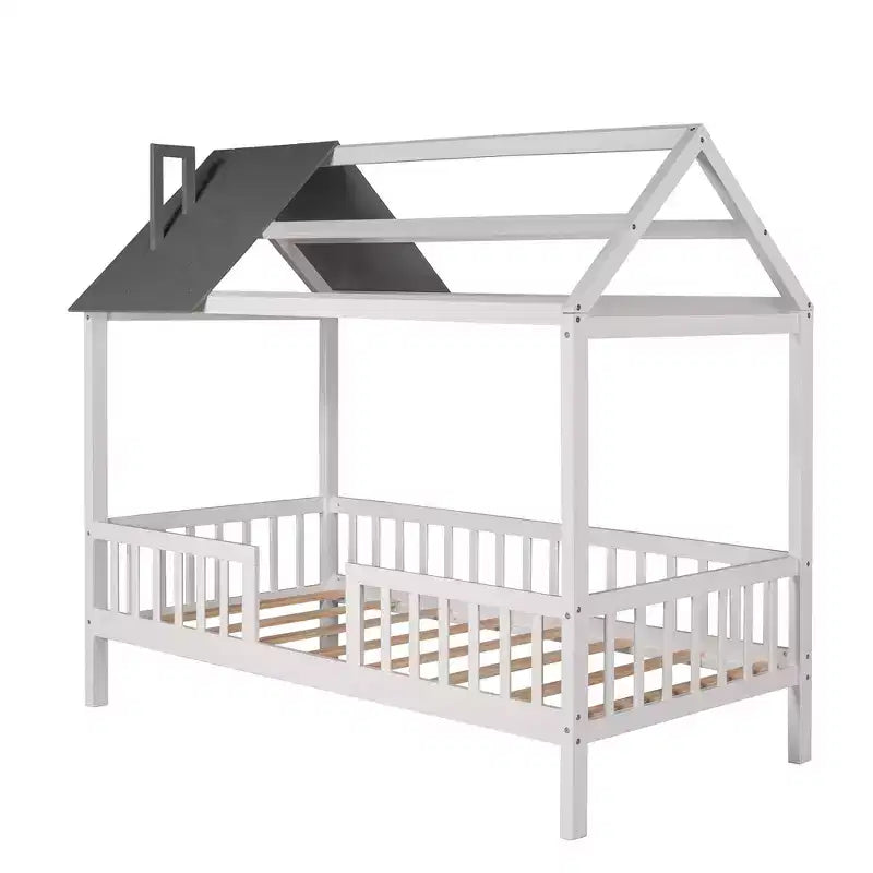 Twin Size Solid Wood House Bed Frame with Roof and Fence, Platform Bed for Kids Room