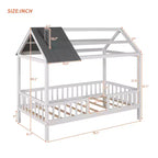 Lit cabane en bois massif de taille double avec toit et clôture, lit plateforme pour chambre d'enfant